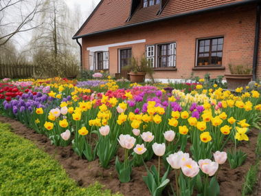 Весенние цветы возле дачи или загородного дома
