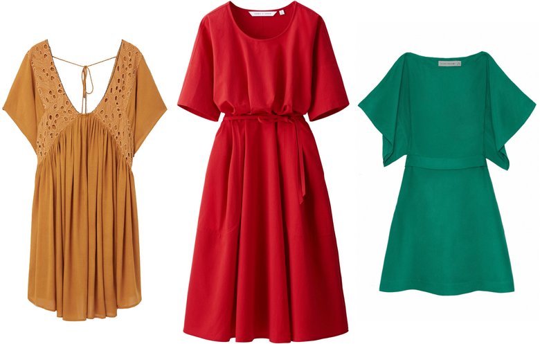 Слева направо: платье Zara, 2 999 руб.; красное платье Uniqlo, 3 499 руб.; платье Sultanna Frantsuzova, 6 280 руб.