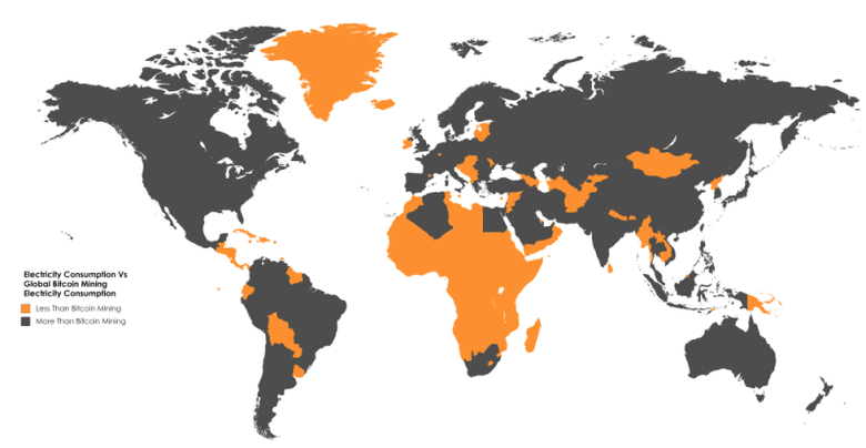 Оранжевым отмечены страны с меньшим энергопотреблением, чем биткоин, серым — с большим.