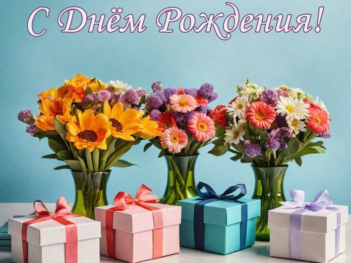Подарочные коробки, букеты цветов, на голубом фоне надпись "С Днем Рождения!"