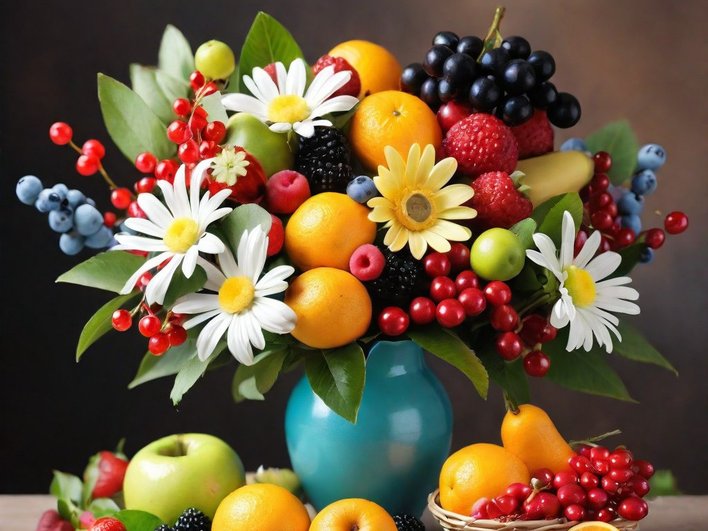 Натюрморт: цветы в вазе, рядом - фрукты и ягоды