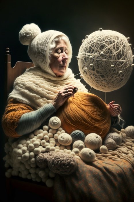 A grandmotherly Fate sits on a cozy cosmic throne knitting with mirrored threads of time, the solar system spins like clockwork behind her as she knits the futures of people together like an endless collage of destiny, maximilism, cinematic quality, sharp – focus, intricate details