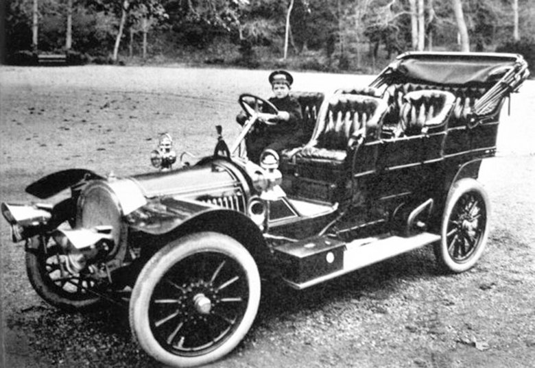 Tsarevich Alexei Nikolaievich of Russia, in 1909, sitting behind the wheel of a French made Delaunay-Belleville touring car. Delaunay-Belleville was the Tsar's favorite car.