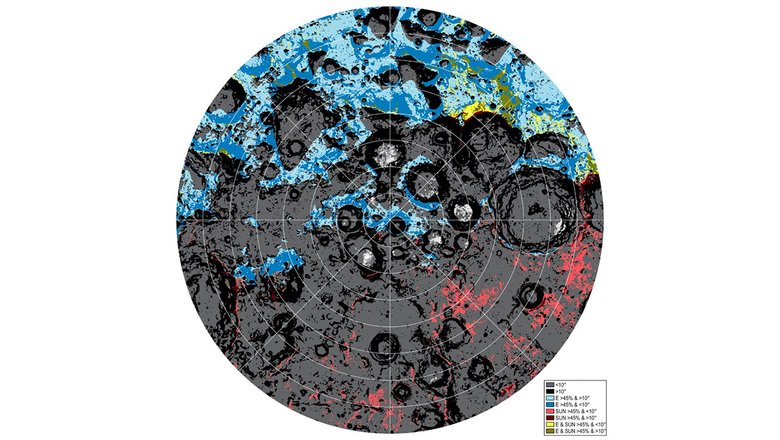 Карта южного полярного региона Луны. Идеальные условия для деятельности людей на поверхности естественного спутника Земли обозначены светло-желтым цветом. Области, указывающие на водяной лед на поверхности, отмечены светло-розовым цветом