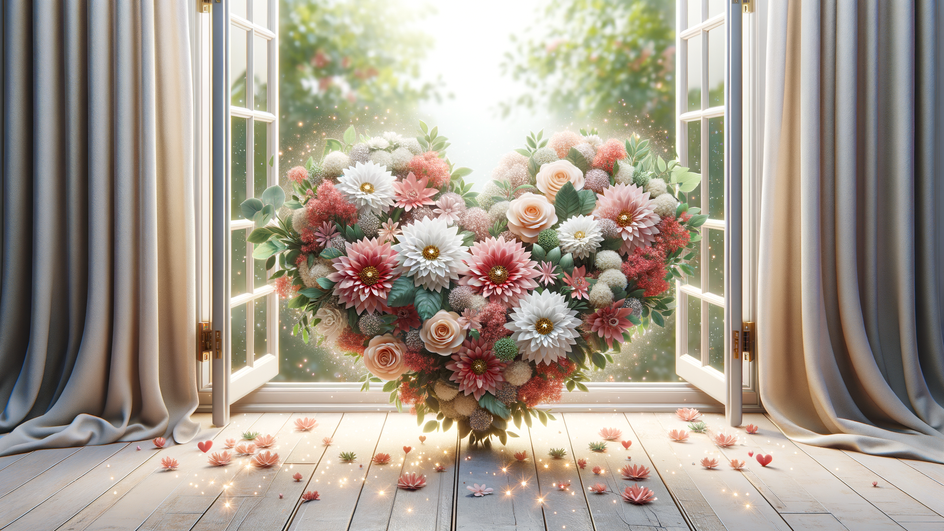 У открытого окна букет цветов в форме сердца.