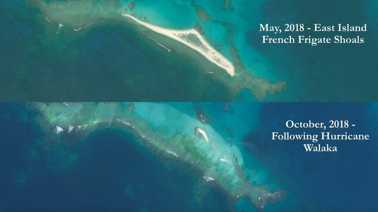 Спутниковое фото острова до урагана (вверху) и после (внизу). Фото: Twitter