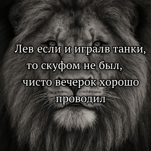 черно-белая фотография льва с подписью «Лев если и играл в танки, то скуфом не был, чисто вечером хорошо проводил». черно-белая фотография льва с подписью «Лев если и играл в танки, то скуфом не был, чисто вечером хорошо проводил».