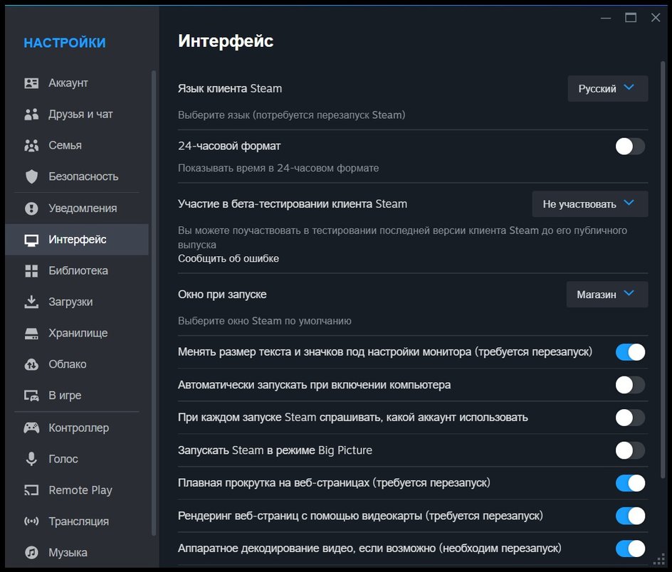 скриншот раздела настроек приложения Steam