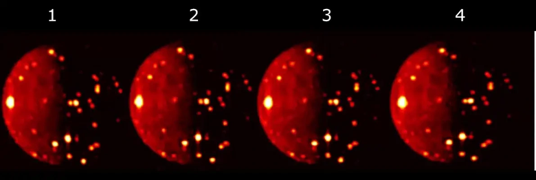 Инфракрасные изображения вулканической активности спутника Юпитера были получены с помощью прибора JIRAM. Фото: NASA
