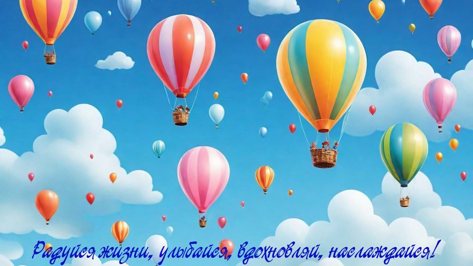 Воздушные шары в небе и надпись: "Радуйся жизни, улыбайся, вдохновляй, наслаждайся!".