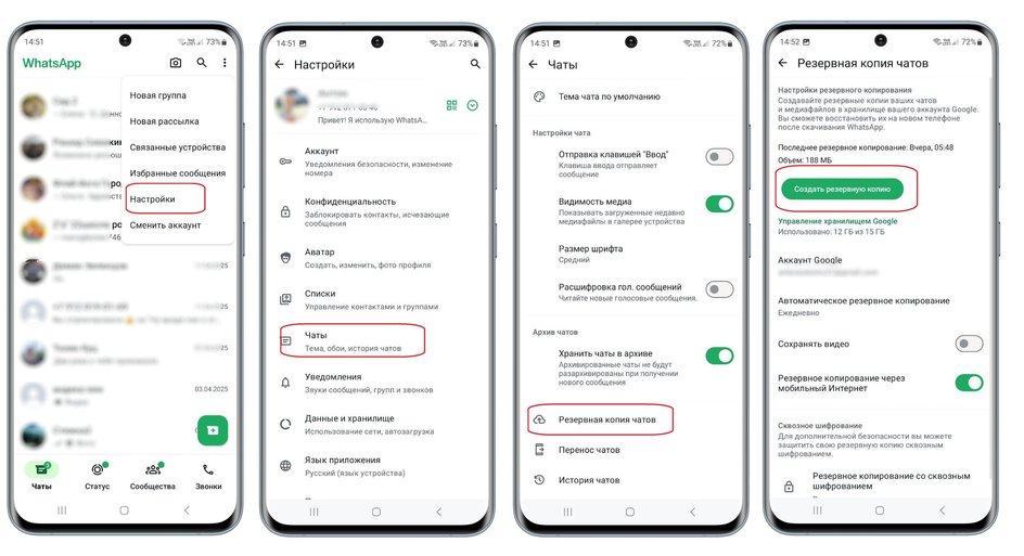 Экраны смартфона с пошаговой инструкцией, как создать резервную копию WhatsApp на Android Экраны смартфона с пошаговой инструкцией, как создать резервную копию WhatsApp на Android