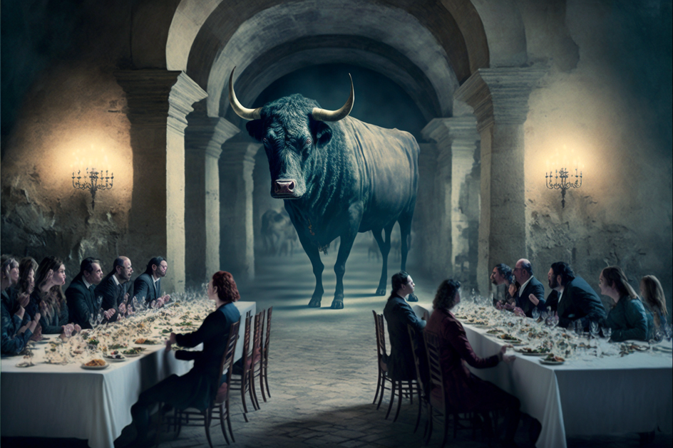 Неудачная генерация: ужин в каменной крепости, голова быка висит на стене, фотореализм