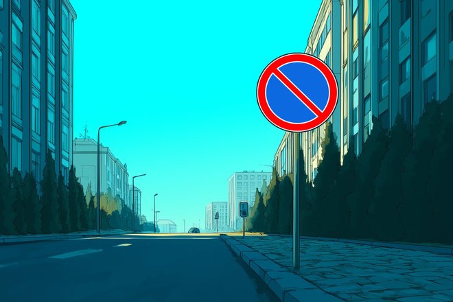 Знак "Стоянка запрещена" на улице города Знак "Стоянка запрещена" на улице города