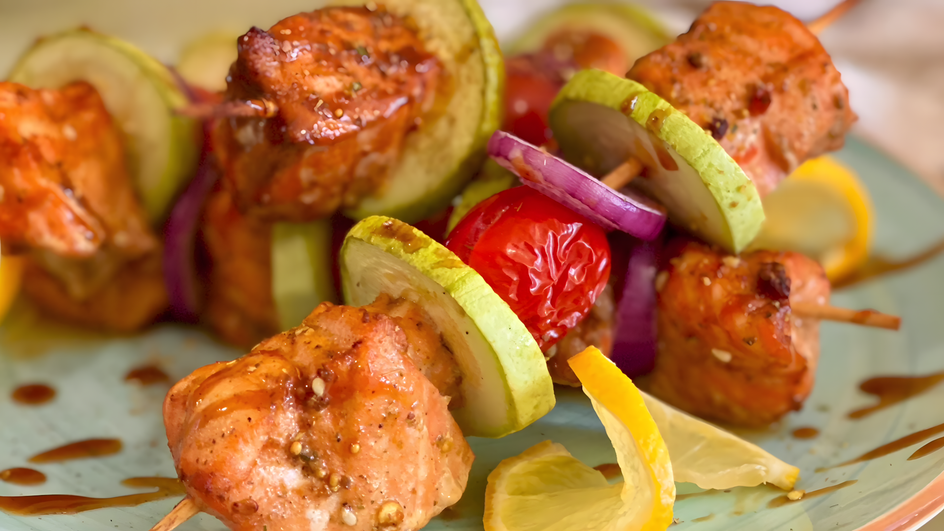 Шашлык из красной рыбы с овощами на шпажке крупным планом