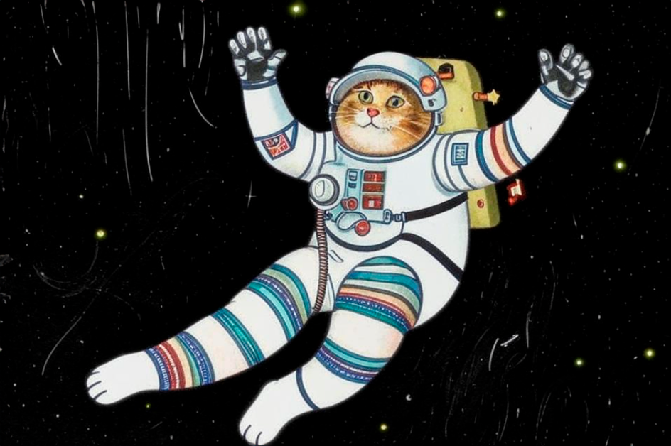 Летающий кот-космонавт в космосе в стиле художника Кандинского