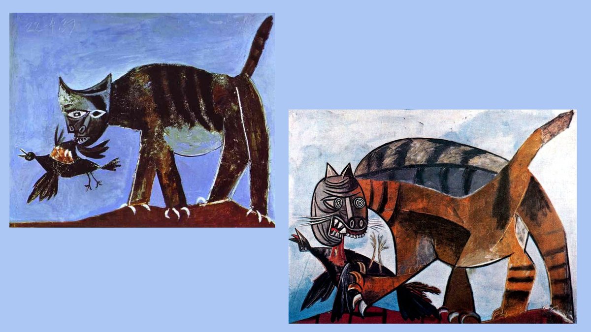Слева — «Кошка, схватившая птицу», справа — «Кошка, пожирающая птицу».
