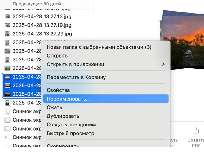 Выделенные файлы в macOS с выбранным параметром «Переименовать» Выделенные файлы в macOS с выбранным параметром «Переименовать»