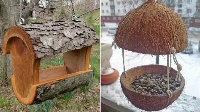 Кормушка из дерева и старой кокосовой скорлупы Кормушка из дерева и старой кокосовой скорлупы