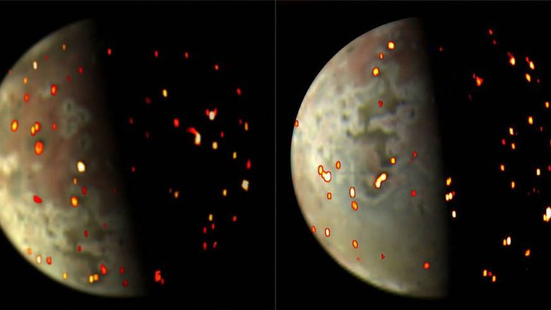 Совмещение изображений Ио в инфракрасном и видимом свете во время полета дало такое изображение с картой вулканов. Фото: NASA