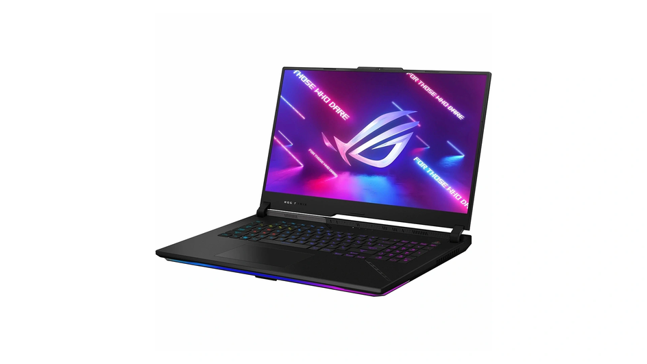 Ноутбук ASUS ROG Strix Scar с процессором AMD Ryzen 9 7945HX3D на белом фоне Ноутбук ASUS ROG Strix Scar с процессором AMD Ryzen 9 7945HX3D на белом фоне