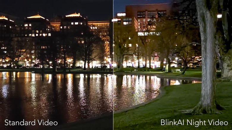 Справа съемка с «умным» режимом. Скриншот: BlinkAI Technologies / YouTube