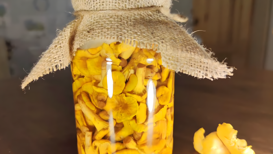 Стеклянная банка с маринованными лисичками, накрытая тканью и перевязанная бечевкой, рядом лежит свежий гриб Стеклянная банка с маринованными лисичками, накрытая тканью и перевязанная бечевкой, рядом лежит свежий гриб