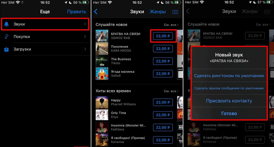 Скриншоты смартфона с пошаговой инструкцией установки купленного в iTunes Store рингтона