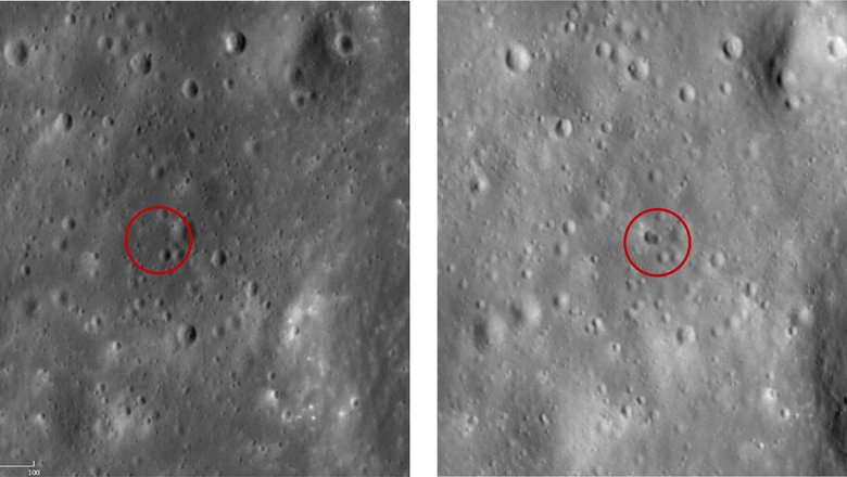 Это примерно 500-метровые участки лунной местности, показывающие место падения Long March 3C и образовавшийся двойной кратер. 