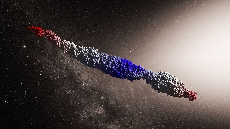 Эта симуляция изображает межзвездный объект Оумуамуа как массу фрагментов, которым придают удлиненную форму звездные приливные силы. Фото: ZHANG Yun/фон ESO/M. Kornmesser