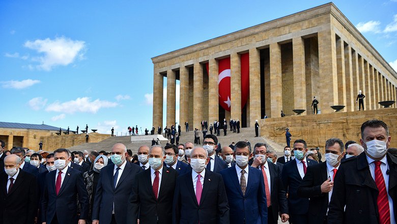 Турецкие парламентарии у мавзолея основателя Турции Республик Мустафы Кемаля Ататюрка во время церемонии, посвященной столетию со дня основания турецкого парламента