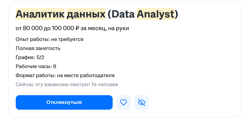 Скриншот вакансии аналитика данных на HH.ru Скриншот вакансии аналитика данных на HH.ru