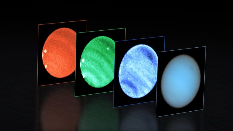 Темное пятно наиболее заметно на более коротких (голубых) длинах волн. Рядом с ним прибор MUSE заметил небольшое яркое пятно, видимое только на изображении при 831 нм (зеленый). Фото: ESO 