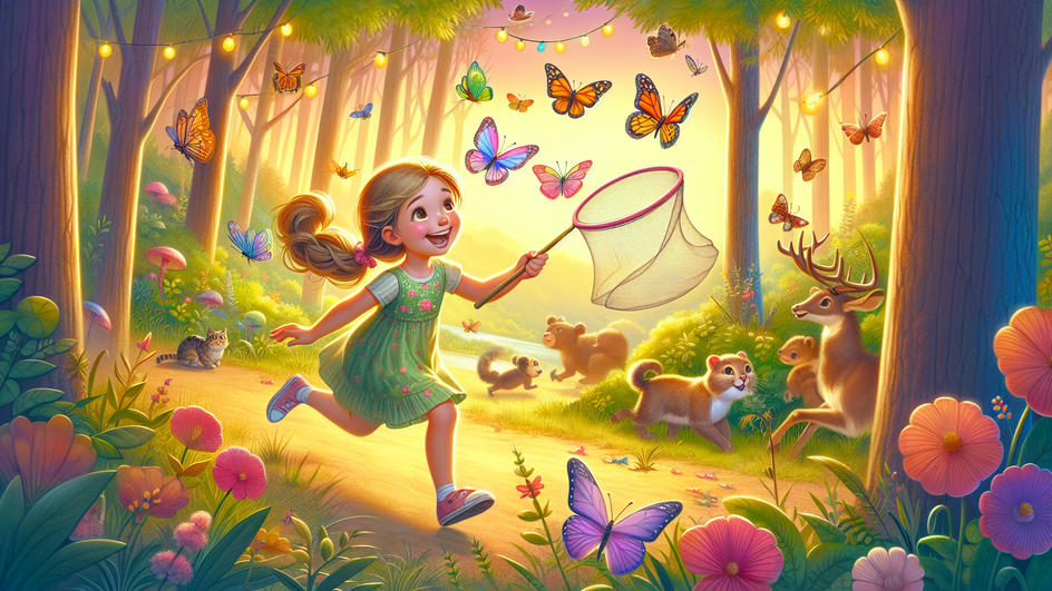 Нарисованная девочка бежит по лесу с сачком, вокруг нее бабочки, рядом - олень, кот, медведь, белка, цветы.