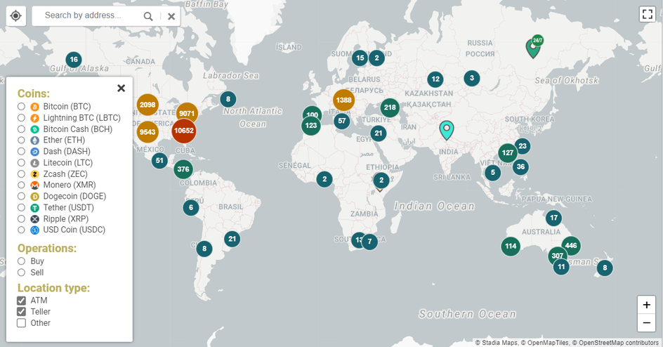 Расположение криптоматов, в которых можно обналичить криптовалюту