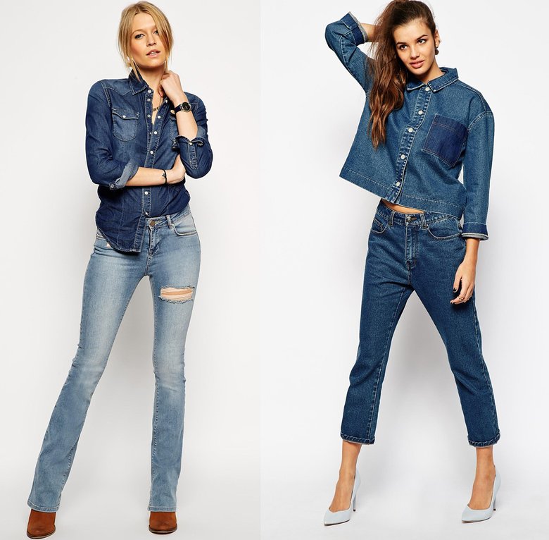 Для джинсового total look'а необязательно подбирать верх и низ тон в тон — интересно будут смотреться как варианты одного тона, так и разных