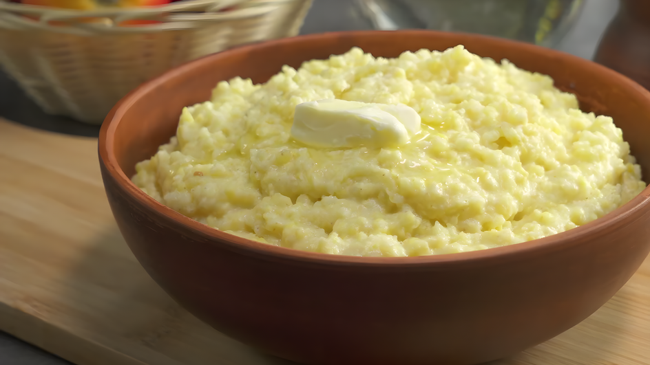 Тарелка молочной пшенной каши с кусочком сливочного масла стоит на столе Тарелка молочной пшенной каши с кусочком сливочного масла стоит на столе