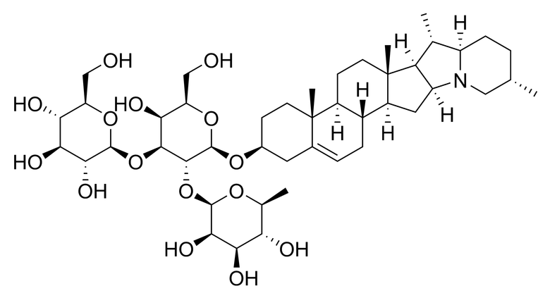 Химическая структура соланина – сапонина из картофеля и томата. Из-за него, например, очищенная картошка пенится, если ее положить в воду. Изображение: Wikimedia Commons