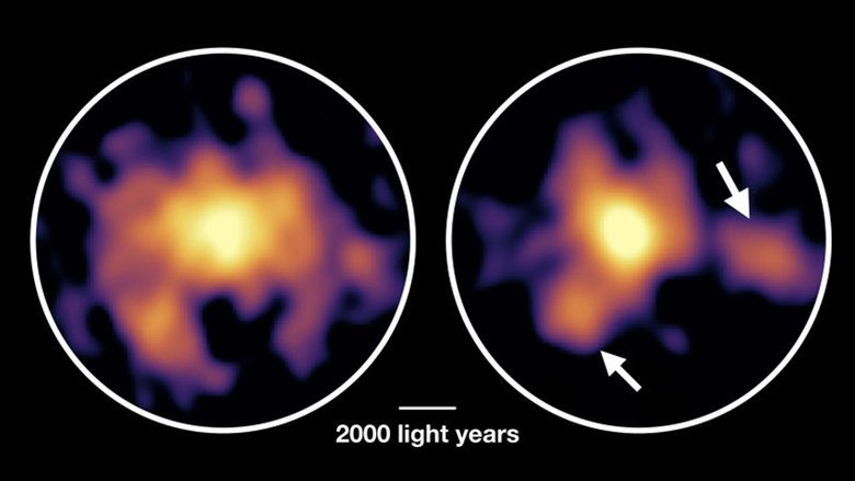 Распределение молекулярного газа (слева) и пыли (справа) в галактике COSMOS-AzTEC-1. Снимок сделан при помощи комплекса радиотелескопов ALMA. Фото: Gizmodo
