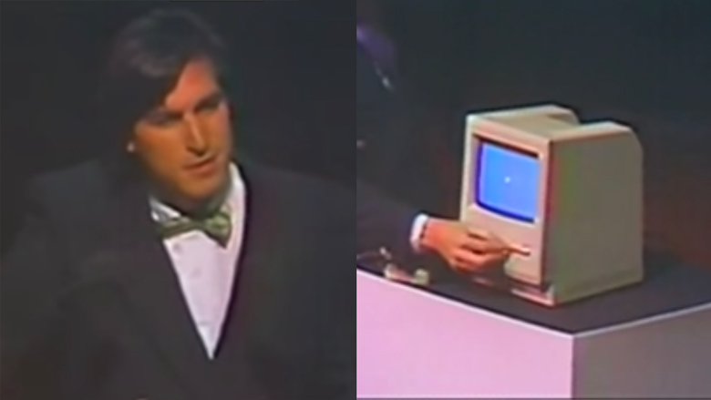 Кадр из архивного видео: молодой Стив Джобс представляет Apple Macintosh. Источник: YouTube-канал macessentials