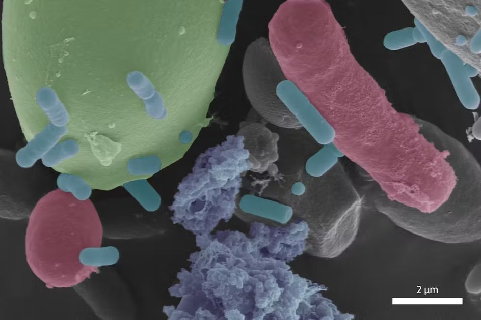 На изображении закваски, сделанном сканирующим электронным микроскопом в искусственных цветах, видны зерна крахмала (зеленые), дрожжи (красные) и бактерии (синие)