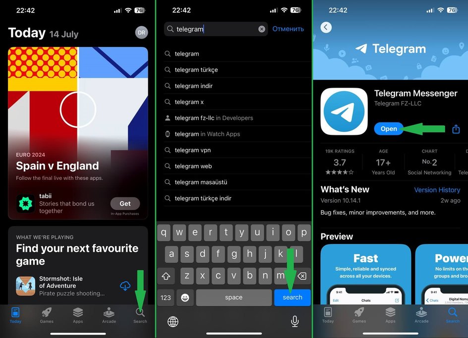Скриншоты экрана смартфона с пошаговой инструкцией скачивания Telegram на на iPhone через AppStore