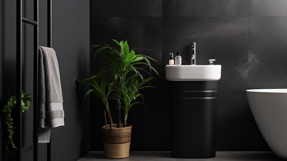 Ванная комната в стиле минимализма с белой раковиной, полотенцем и растением