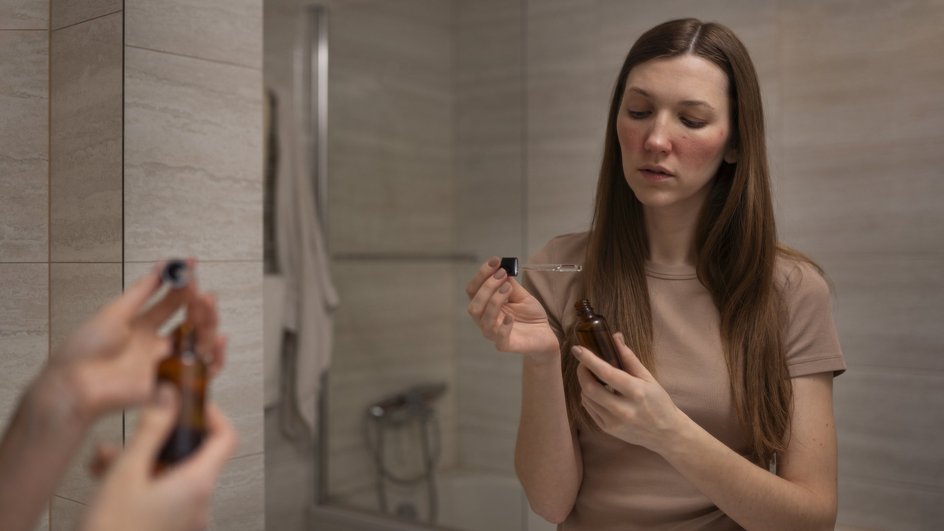 Женщина изучает купленную ею сыворотку, которая вызвала воспаление и раздражение из-за гидрохинона, который запрещен во многих странах Женщина изучает купленную ею сыворотку, которая вызвала воспаление и раздражение из-за гидрохинона, который запрещен во многих странах