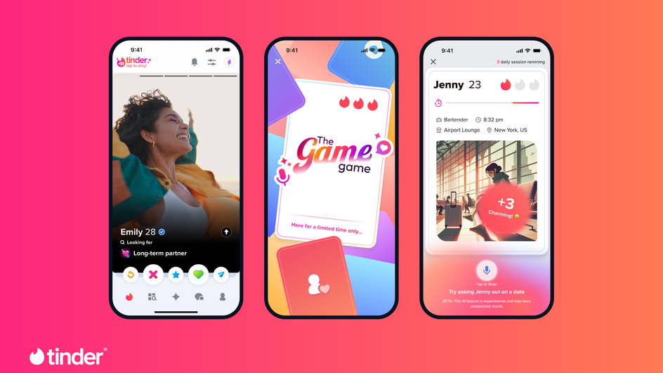 3 экрана смартфона, на которых изображен интерфейс Tinder Game 3 экрана смартфона, на которых изображен интерфейс Tinder Game