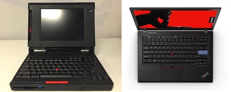ThinkPad 360PE (1994 год, фото: Wiki / Raymangold22) и юбилейный ThinkPad