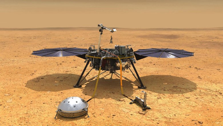 Иллюстрация космического корабля NASA InSight с его инструментами, развернутыми на поверхности Марса. 