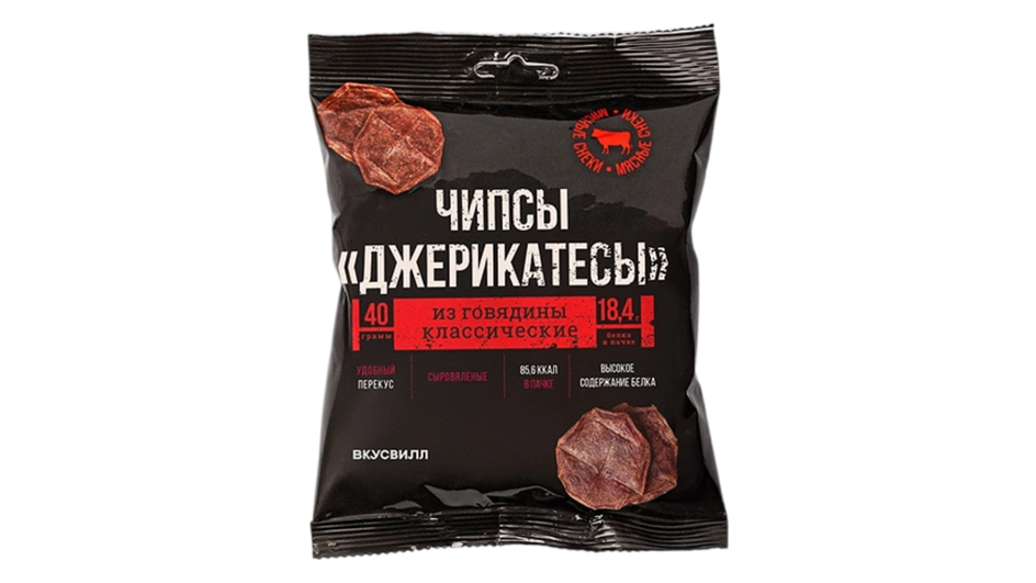 Мясные чипсы (Джерки) фирмы ВкусВилл серия из говядины Джерикатесы классические Мясные чипсы (Джерки) фирмы ВкусВилл серия из говядины Джерикатесы классические