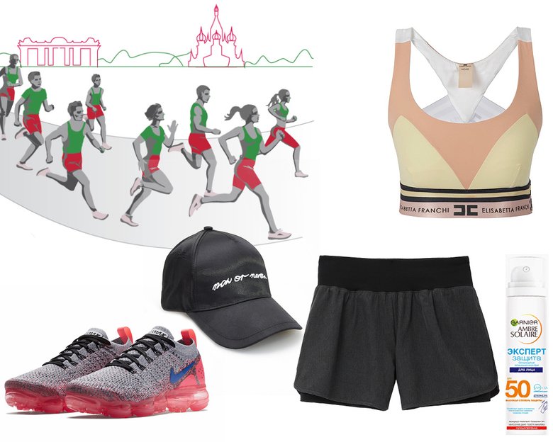Бра Elisabetta Franchi; кепка Reserved; шорты Etam; кроссовки Nike; солнцезащитный спрей Garnier Ambre Solaire