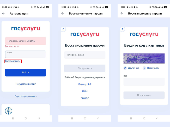 Окна Восстановления пароля в мобильном приложении Госуслуг на телефоне Окна Восстановления пароля в мобильном приложении Госуслуг на телефоне