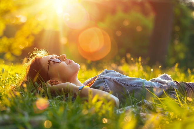 Девушка лежит на траве в лучах солнца